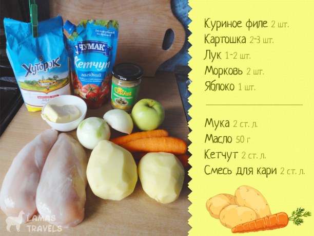Ингредиенты для японского карри: куриное филе (2 шт.), картошка (2-3 шт.), лук (1-2 шт.), морковь (2 шт.), яблоко (1 шт.), мука (2 ст. л.), масло (50 г), кетчуп (2 ст. л.), смесь для карри (2 ст. л.).